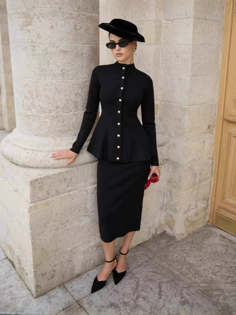 Zara Slim Fit Black Long Sleeve Knit Cardigan and Pencil Skirt Set